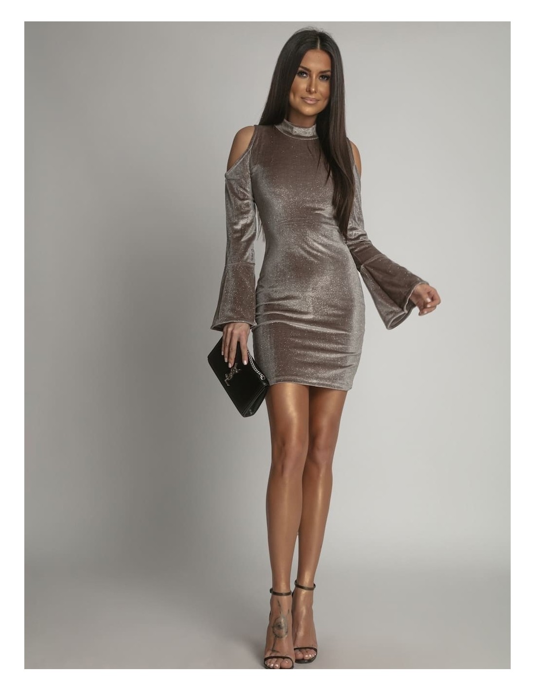 Elegant dress with bare shoulders, beige 6873 - Online store - Boutique